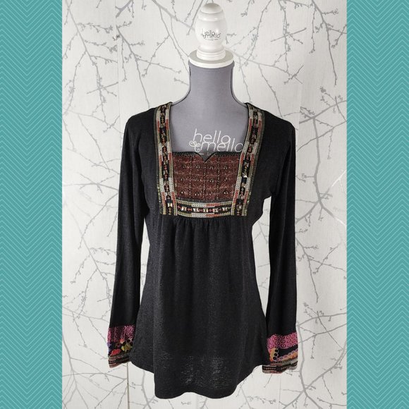 R Derhy Wool Blend Bohemian Ethnic Square Neck Embroidered Top - Picture 1 of 6